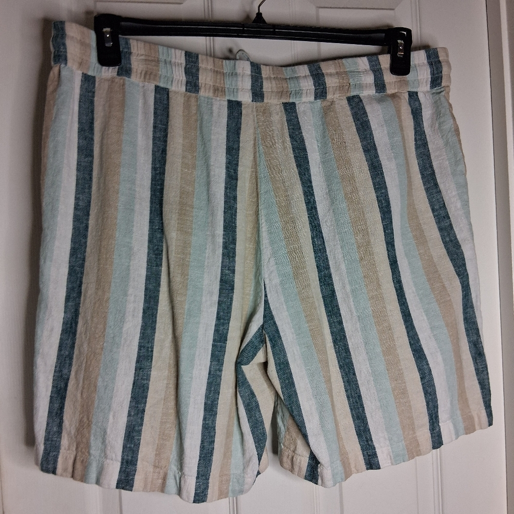 Naturals Drawstring Linen-Blend Shorts in Teal, Beige & White Stripes Sz XL - Picture 5 of 8